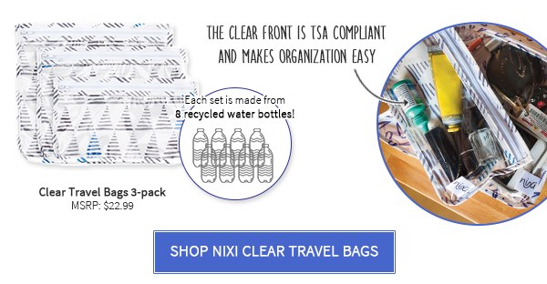 Nixi's clear travel bag 3 pack is made from 8 recycled bottles
